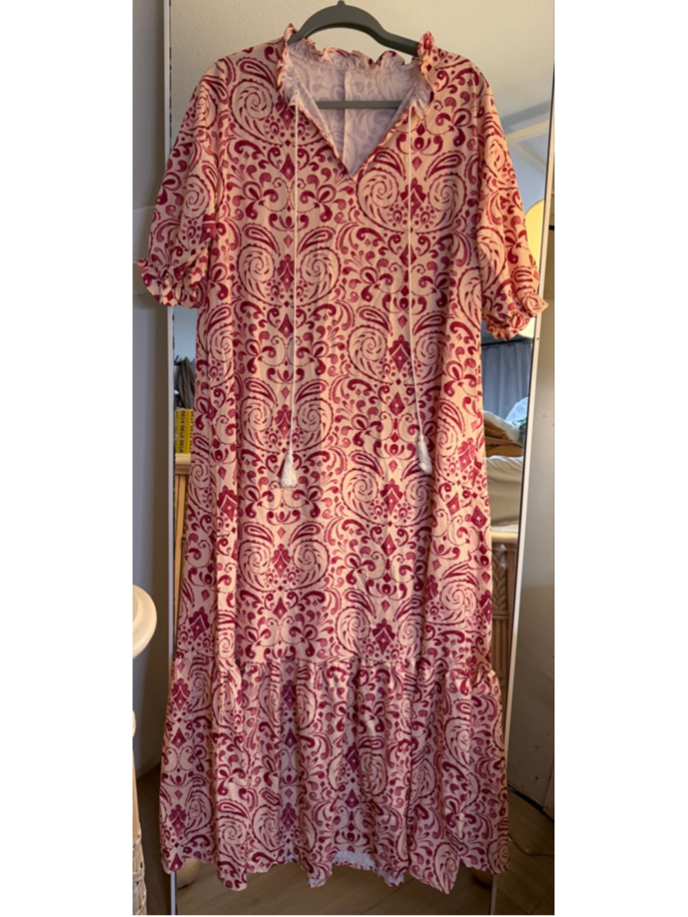 NEW Floral Loose Lightweight Beach 3/4 Ruffle Sleeve Maxi Dress V Neck A Line M